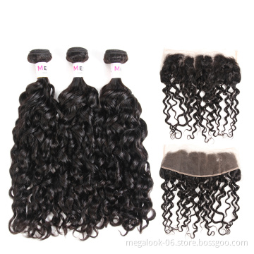 Large Stock 30 Inch Water Wave Peruvian Human Hair Bundles With Lace Closure Frontal